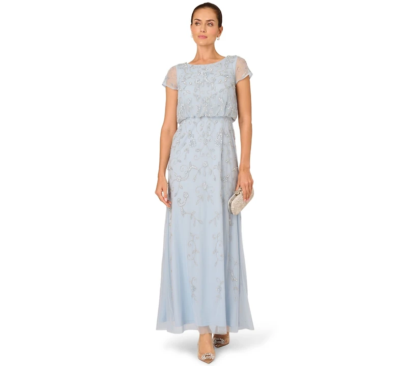Adrianna Papell Women's Boat-Neck Short-Sleeve Beaded Blouson Gown