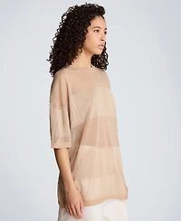 Kenneth Cole Women's Shiny Semi-Sheer Stripe Crewneck Top