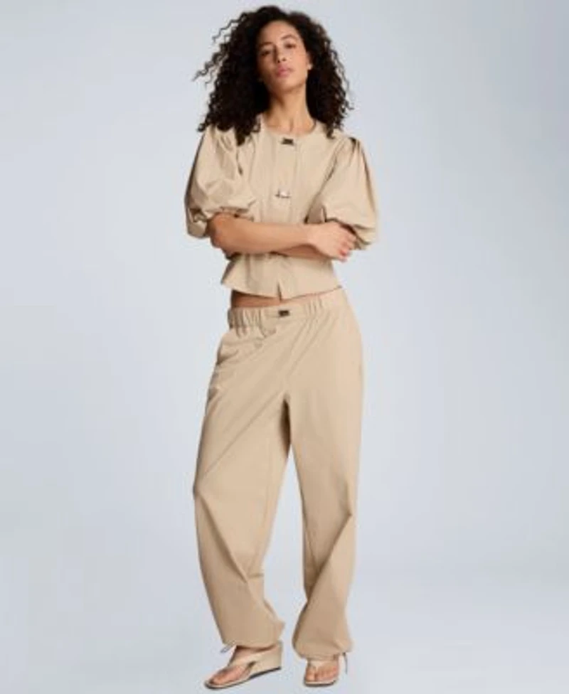 Kenneth Cole Womens Button Front Bubble Sleeve Top Pull On Wide Leg Bungee Hem Pants