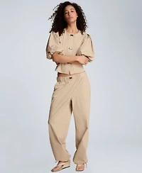 Kenneth Cole Womens Button Front Bubble Sleeve Top Pull On Wide Leg Bungee Hem Pants