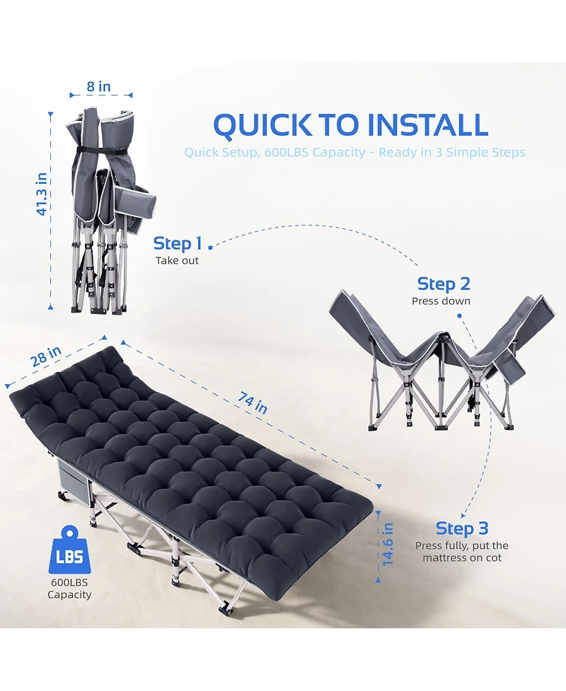 Inolait Adjustable 4-Position Folding Bed, Lounge Chair & Camping Cot with Pillow & Thicked Mattress