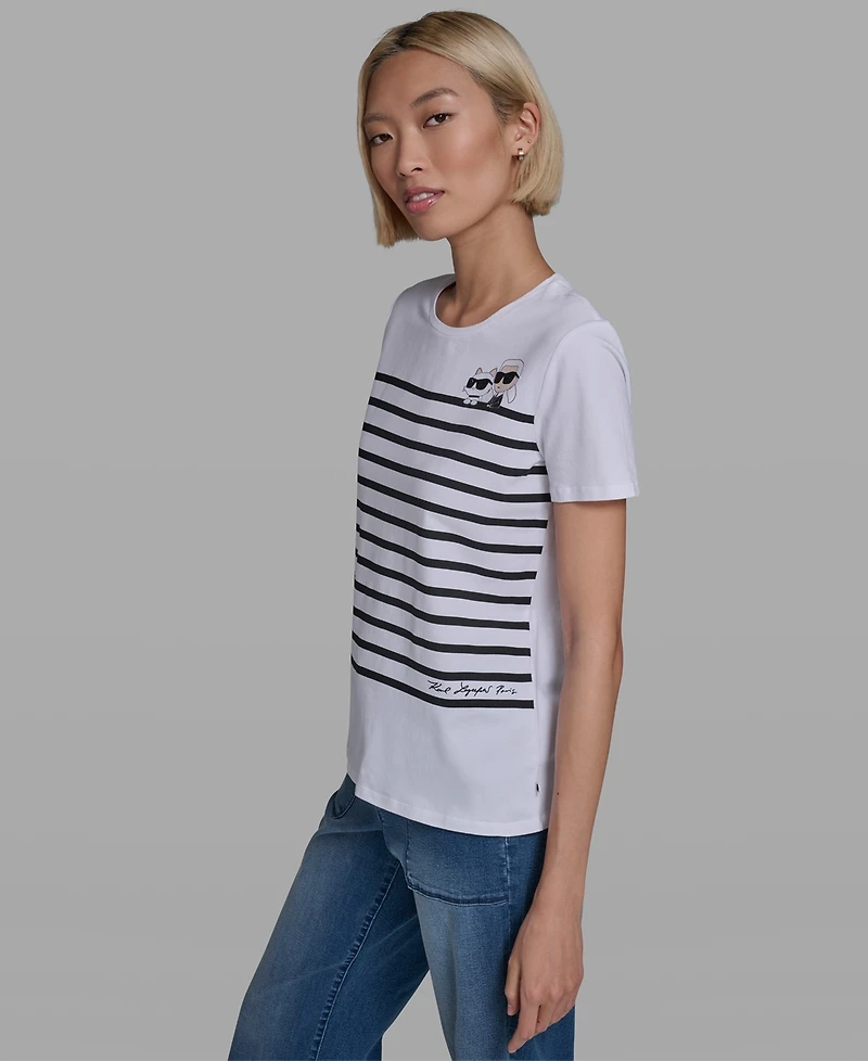 Karl Lagerfeld Paris Women's Short-Sleeve Striped Logo T-Shirt