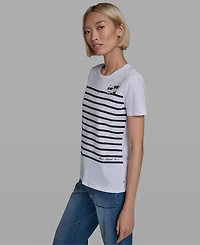 Karl Lagerfeld Paris Women's Short-Sleeve Striped Logo T-Shirt