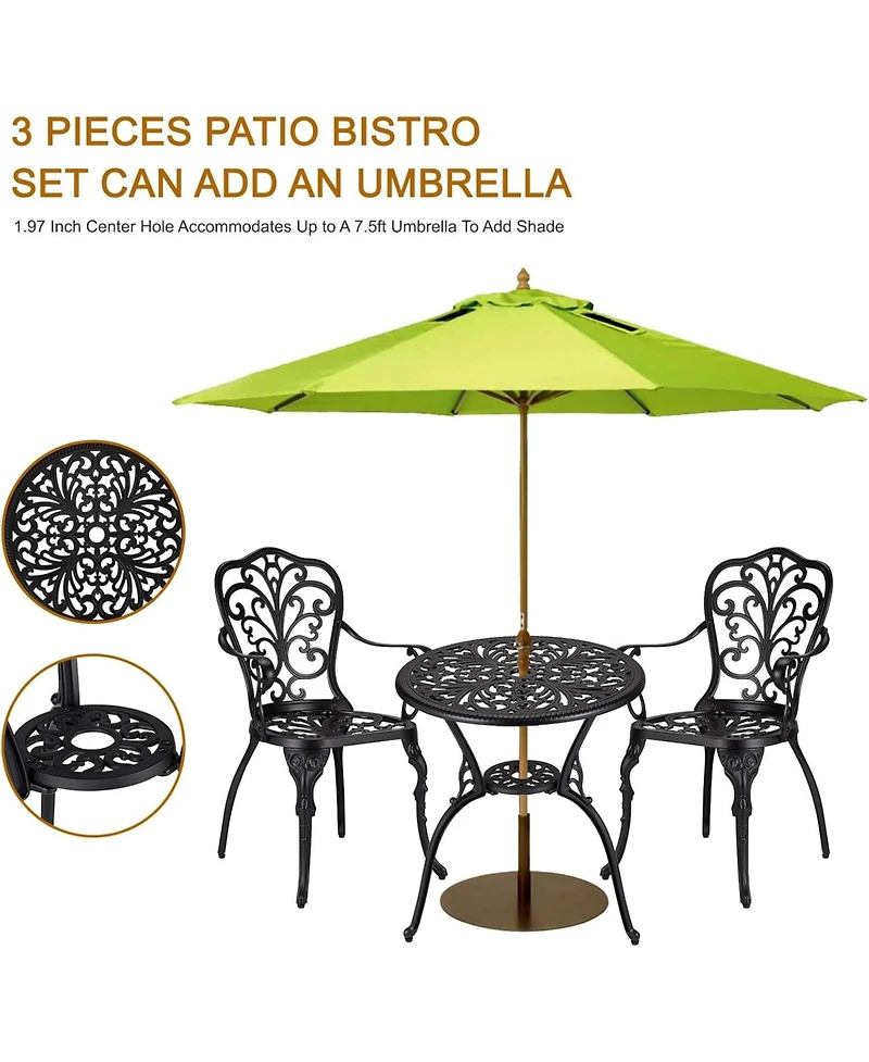 gaomon Patio Bistro Sets 3 Piece Outdoor Cast Aluminum Patio Bistro Set, Patio Table and Chairs Set of 2 with Umbrella Hole for Yard, Garden