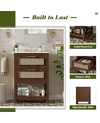 Sillysis 24 Inch Freestanding Bathroom Vanity with Ceramic Sink, Flip-Out Drawer & Modern Storage for Small Spaces