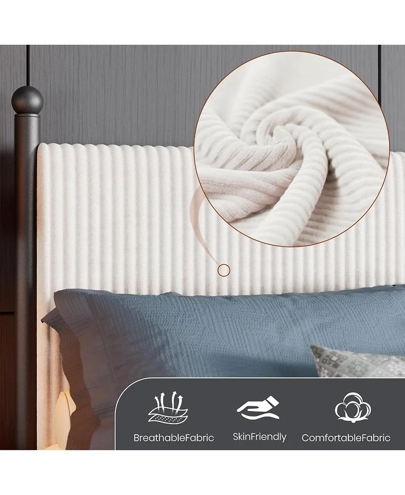 gaomon Velvet Corduroy Fabric Bed Frame, Plywood and Iron Construction, Cone-Shaped Iron Foot