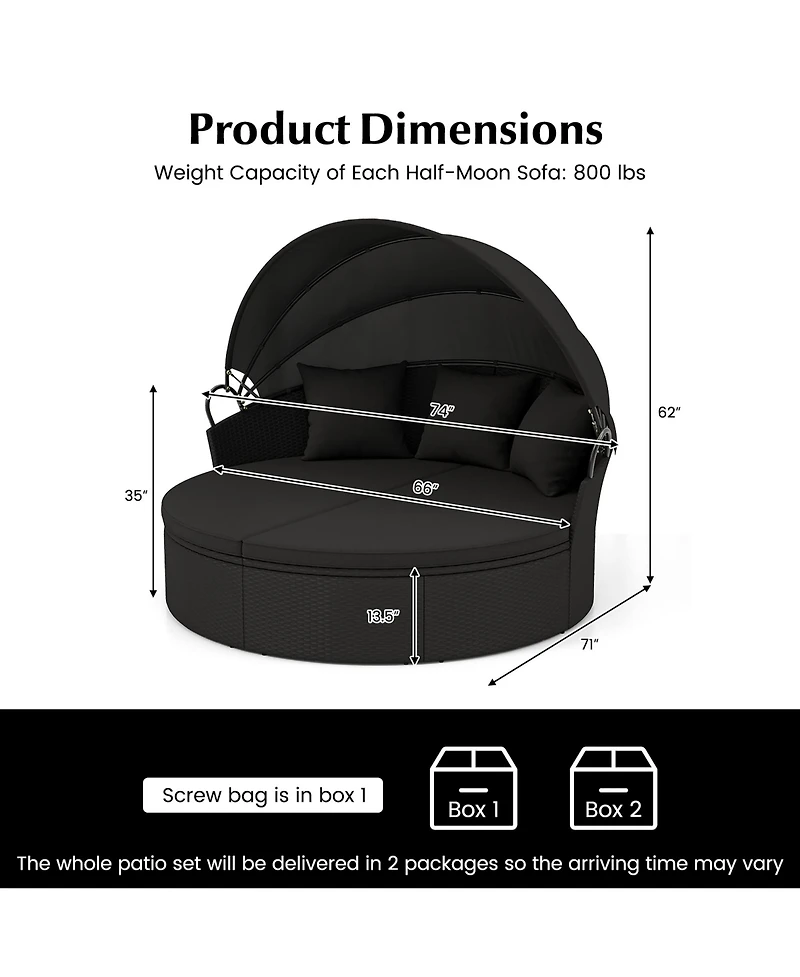 Gymax Patio Round Daybed Wicker Daybed w/ Retractable Canopy Separated Seating Sectional Sofa