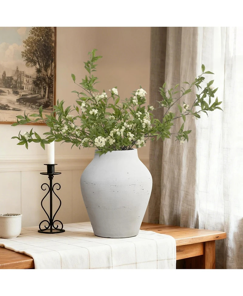 LuxenHome Antique White Cement Vase, 13.4" Tall, Decorative Accent for Tabletops and Open Shelving