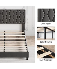 gaomon Bed Frame Upholstered Fabric Headboard Diamond Design Solid Wood Slats Noise Free Easy Assembly