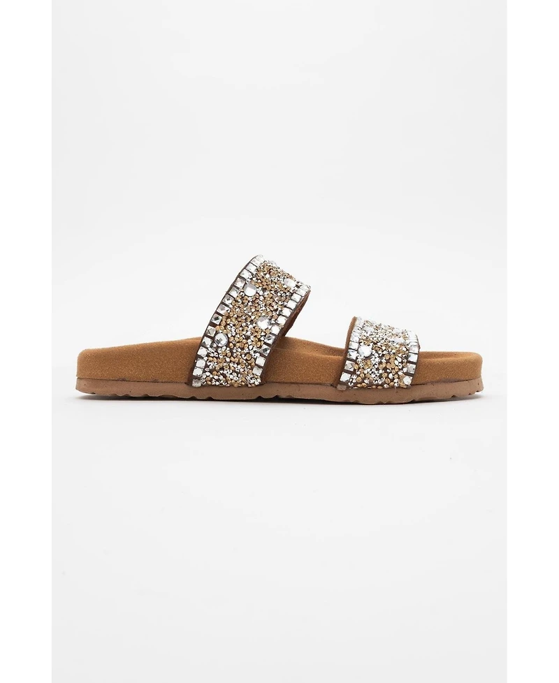Forever & Always Shoes Women's Jamie Leather Double Strap Slide Sandal with Stones