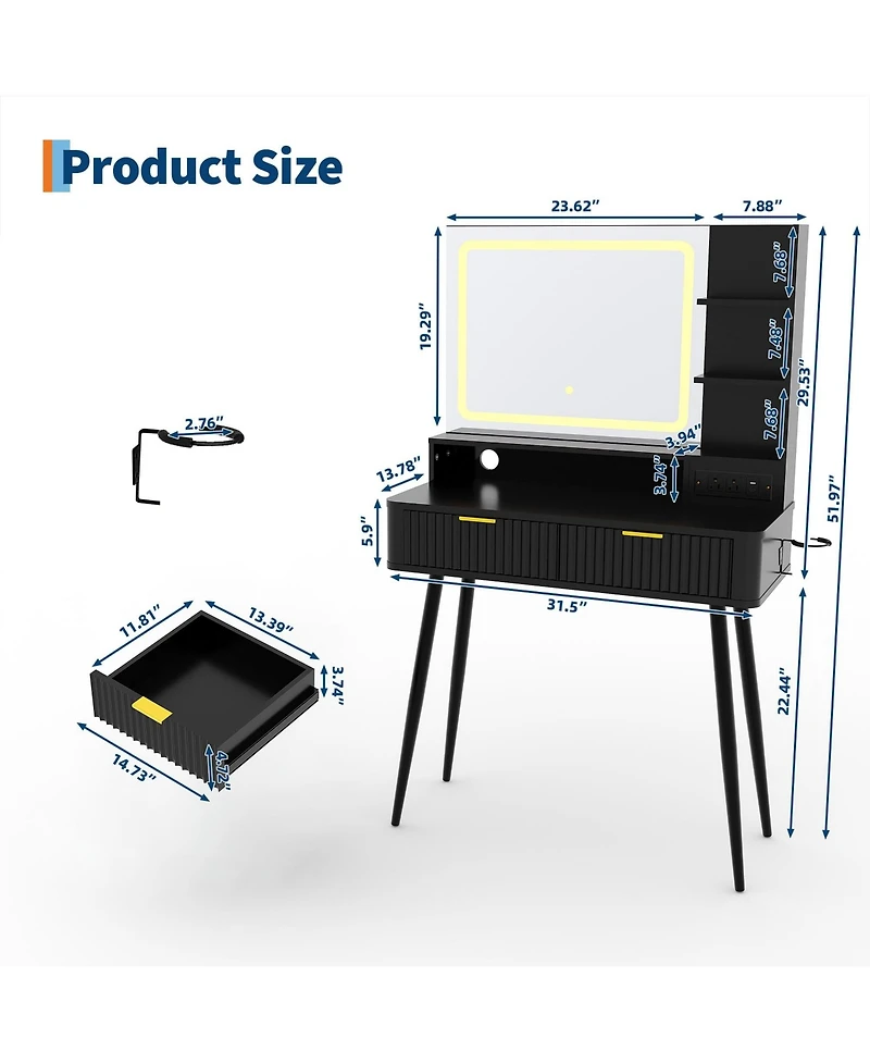 gaomon Mid-Century Modern Makeup Vanity Desk with Lighted Mirror.