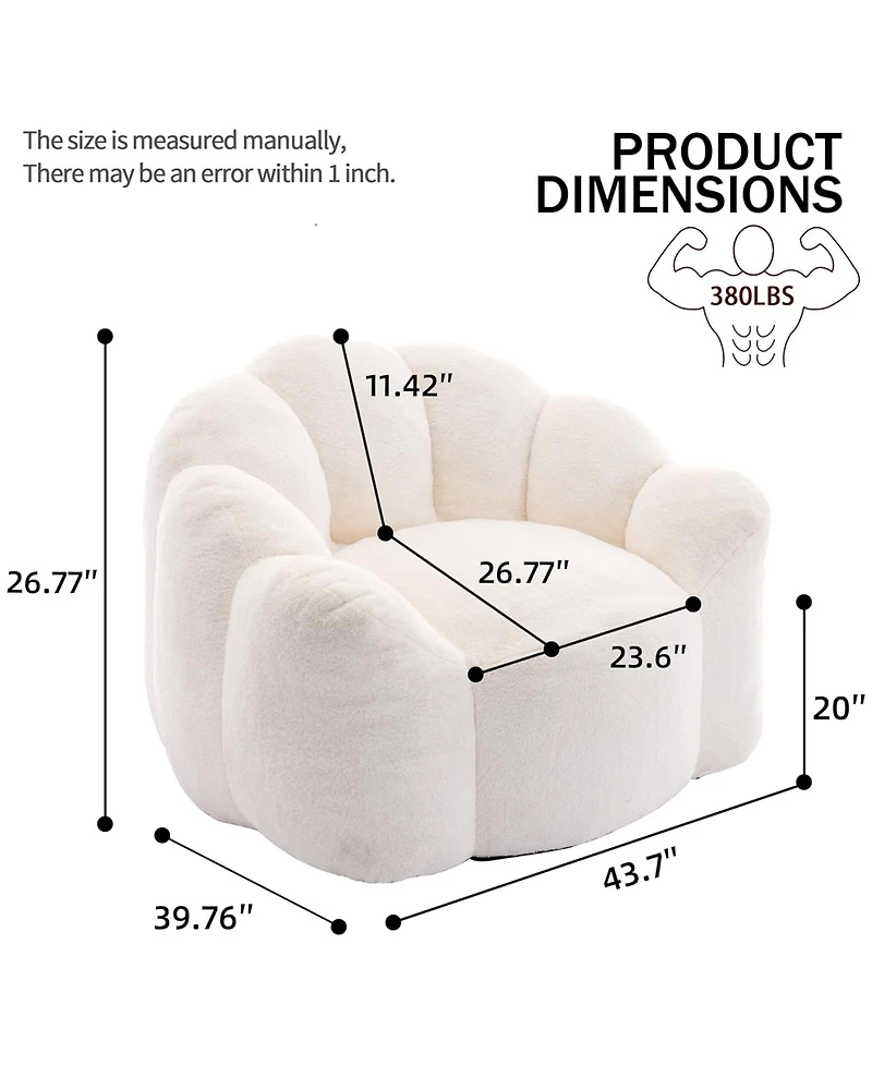 Rainsken Large Bean Bag Chair, Faux Fur Reading Sofa Chair with Petal Backrest and Pull Ring, Oversize Reading Chair for Bedroom