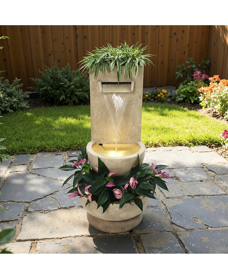 LuxenHome Tall Polyresin Fountain with Planter, Lighted Outdoor Water Feature