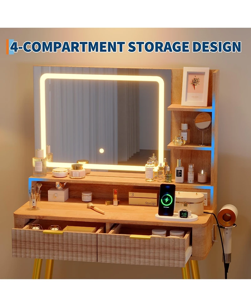 gaomon 31" Mid-Century Modern Makeup Vanity Desk with Lighted Mirror, 2 Drawers and Cabinet