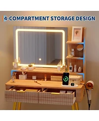 gaomon 31" Mid-Century Modern Makeup Vanity Desk with Lighted Mirror, 2 Drawers and Cabinet