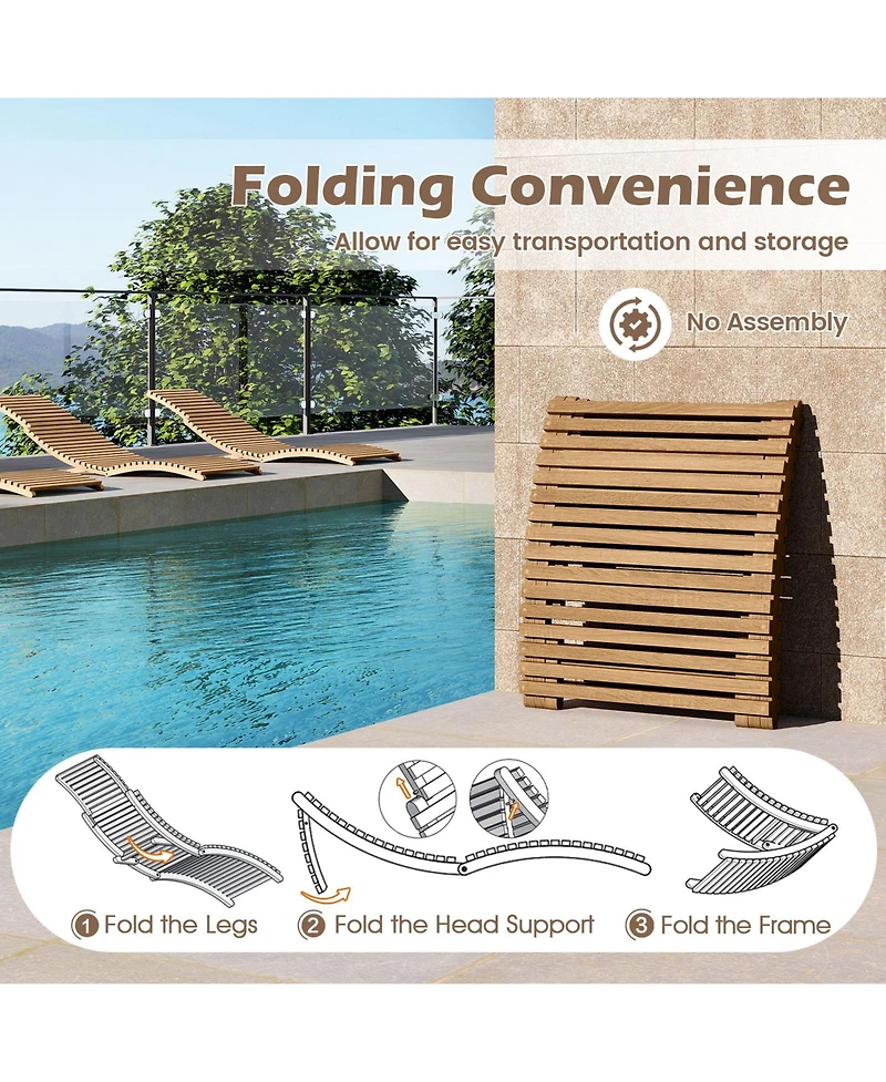 Gymax Outdoor Folding Teak Wood Chaise Lounge Chair w/Curved Lying Area