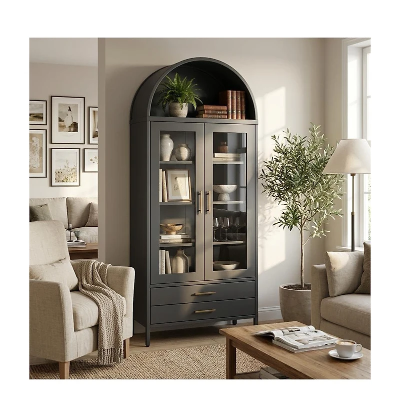 gaomon 55" Tall Kitchen Pantry Cabinet, Arched Display with Glass Doors, 2 Drawers & Adjustable Shelves for Living, Dining Room