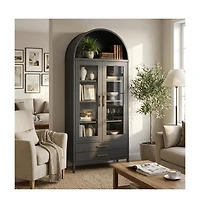 gaomon 55" Tall Kitchen Pantry Cabinet, Arched Display with Glass Doors, 2 Drawers & Adjustable Shelves for Living, Dining Room