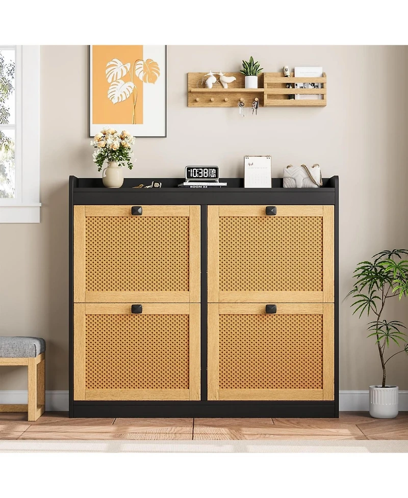 gaomon Shoe Cabinet Rattan with 4 Flip Drawers, Wooden Freestanding Organizer Adjustable Shelves, Storage for Entryway, Closet