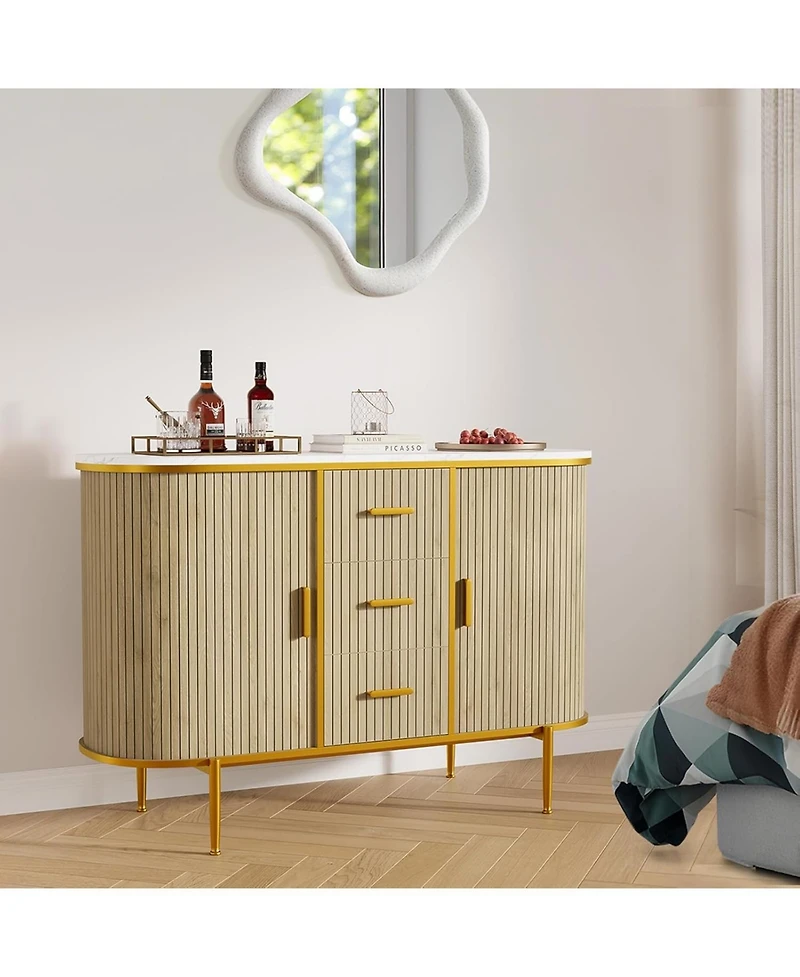 gaomon 50" Mid Century Fluted Buffet Cabinet, Modern Coffee Bar Console Table with Faux Marble Top & Curved Sliding Doors, Storage Accent Cabinet