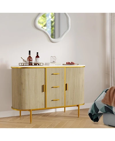 gaomon 50" Mid Century Fluted Buffet Cabinet, Modern Coffee Bar Console Table with Faux Marble Top & Curved Sliding Doors, Storage Accent Cabinet