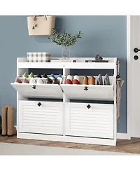 Homfan Large Shoe Storage Cabinet with 4 Flip Drawers, Freestanding Narrow Organizer Hooks and Storage, Hidden