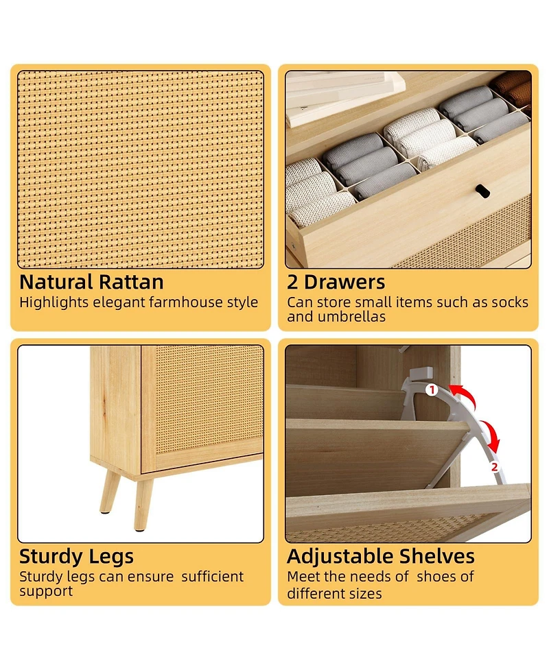 Homfan Shoe Cabinet Storage with 4 Flip Drawers, Rattan Narrow Shoe Rack Cabinet Storage for Entryway Hallway Living Room Closet