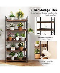 Slickblue 5-Tier Bookshelf with 4 Hooks Industrial Storage Bookcase.