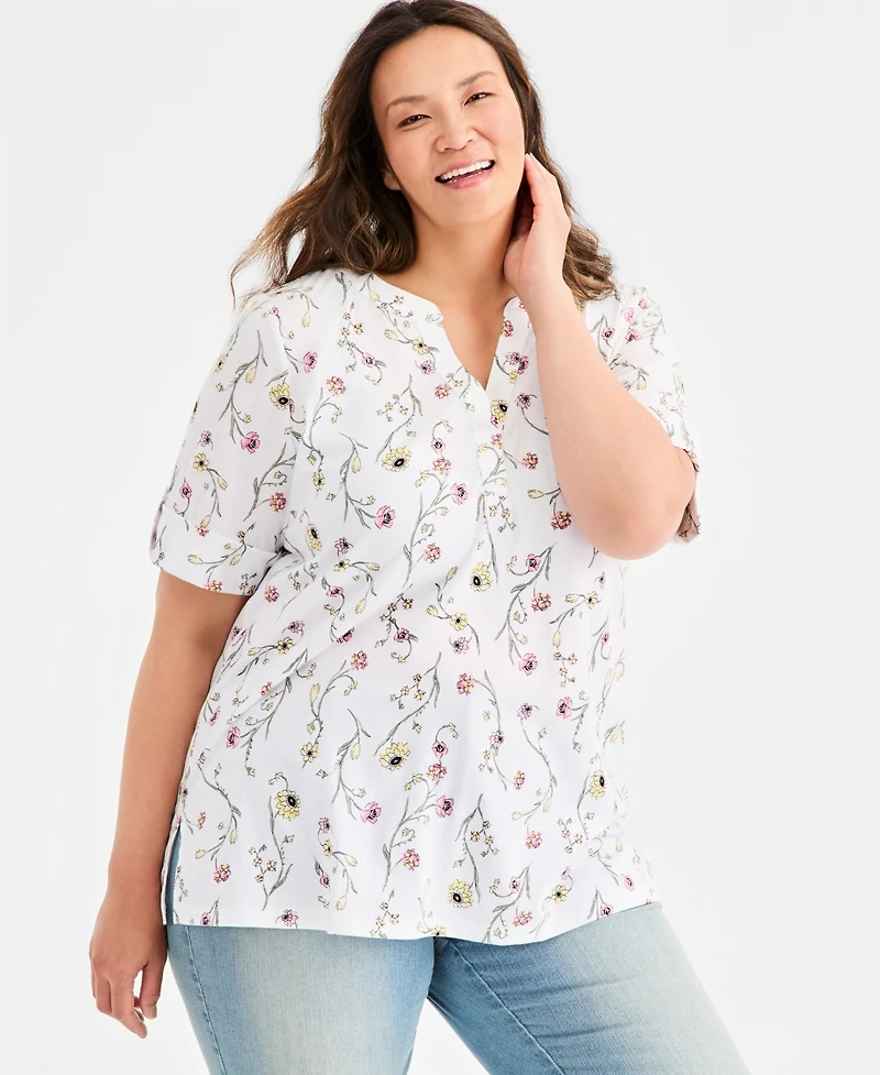 Style & Co Plus Roll-Tab Sleeve Split-Neck Top, Macy's Exclusive