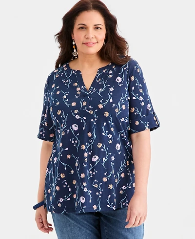 Style & Co Plus Printed Roll-Tab Split-Neck Elbow-Sleeve Tunic, Macy's Exclusive