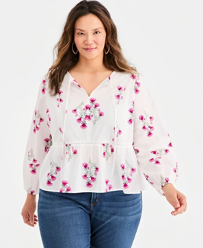 Style & Co Plus Cotton Split-Neck Peplum Top, Macy's Exclusive