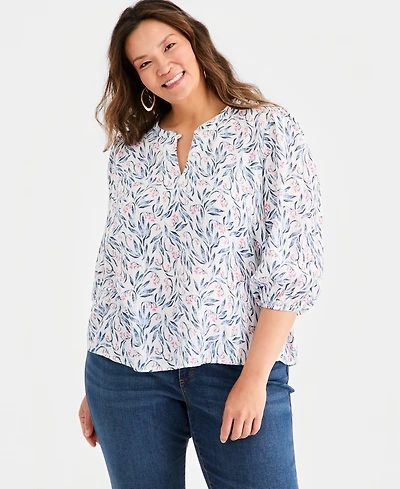 Style & Co Plus Cotton Gauze Printed 3/4-Sleeve Top, Macy's Exclusive