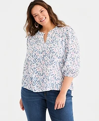 Style & Co Plus Cotton Gauze Printed 3/4-Sleeve Top, Macy's Exclusive
