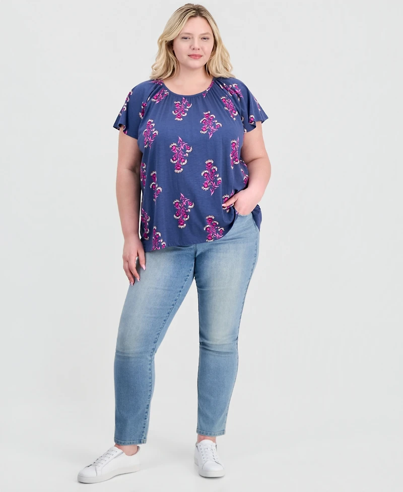 Style & Co Plus Printed Scoop-Neck Flutter-Sleeve Top, Macy's Exclusive