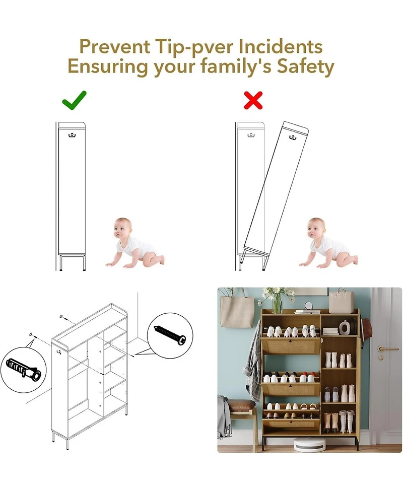 gaomon Rattan Shoe Cabinet with 3 Flip Drawers and 4 Tier Storage Freestanding Organizer Adjustable Shelves Bedroom