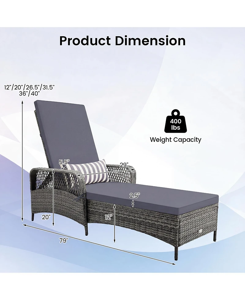 Gymax 2 Pcs Outdoor Chaise Lounge Chair Patio Recliner w/ 6-Level Backrest Cushion