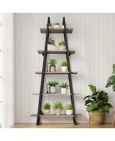 gaomon 72" A-Shape Ladder Bookcase, 5-Tier Metal Frame Shelf with Adjustable Wood Shelves