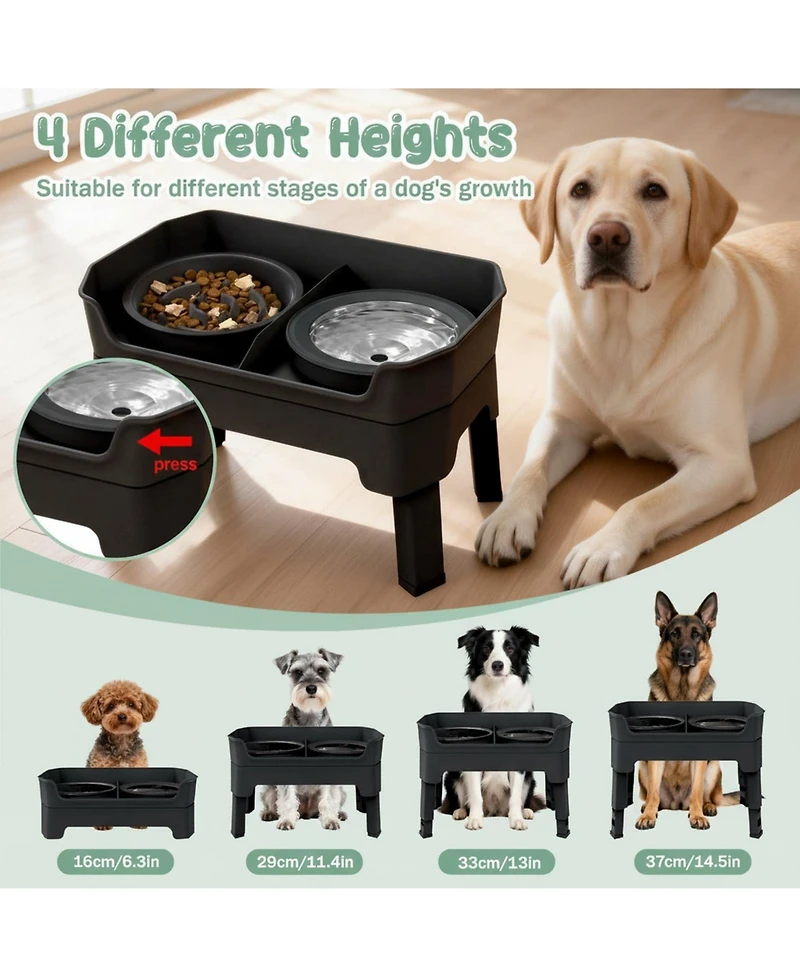 Aronkl 4 1 Adjustable Dog Bowl Stand with 2 Stainless Anti-Spill Bowls for Dogs Growing Puppies Anti-Slip Mess Proof