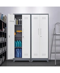 Clihome 65" H Metal Broom Cleaning Tool Storage Cabinet With Locking Doors and Shelves