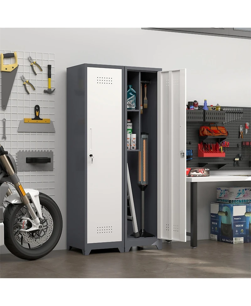 Clihome 65" Narrow Broom Metal Cleaning Storage Cabinet With Hooks