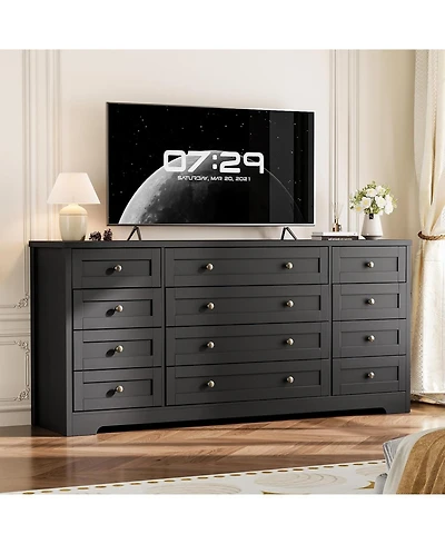 gaomon 12 Drawers Wood Dressers for Bedroom, 63" Long Wooden Dresser Living Room, Hallway, 16" Wide Tv Stand 65 Inch Tv, Sol