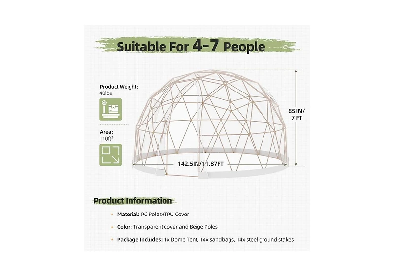 Aecojoy Outdoor Igloo Tent Dome for Winter, 12x12 Clear Bubble Tent for 4–7 People