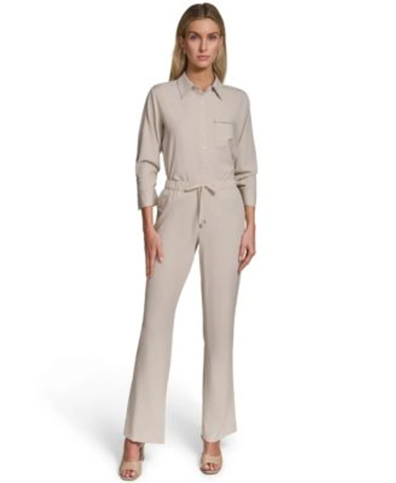 Calvin Klein Petite Collared Button Down Blouse Top Pull On Straight Leg Pants