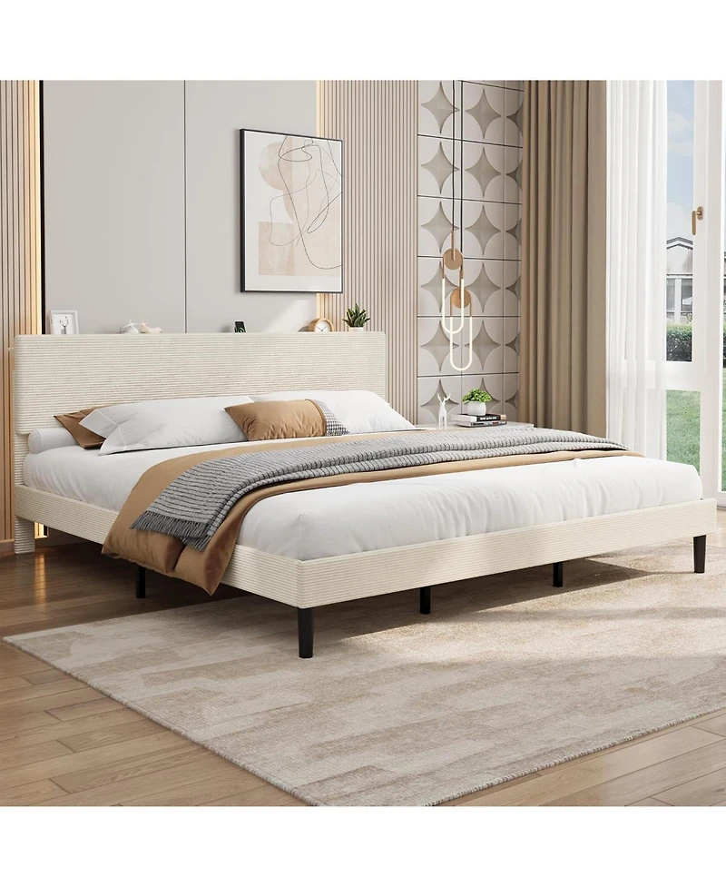 gaomon Bed Frame with Charging Station, Corduroy Upholstered Platform Bed with Headboard Shelf, Wooden Slats, Noise Free
