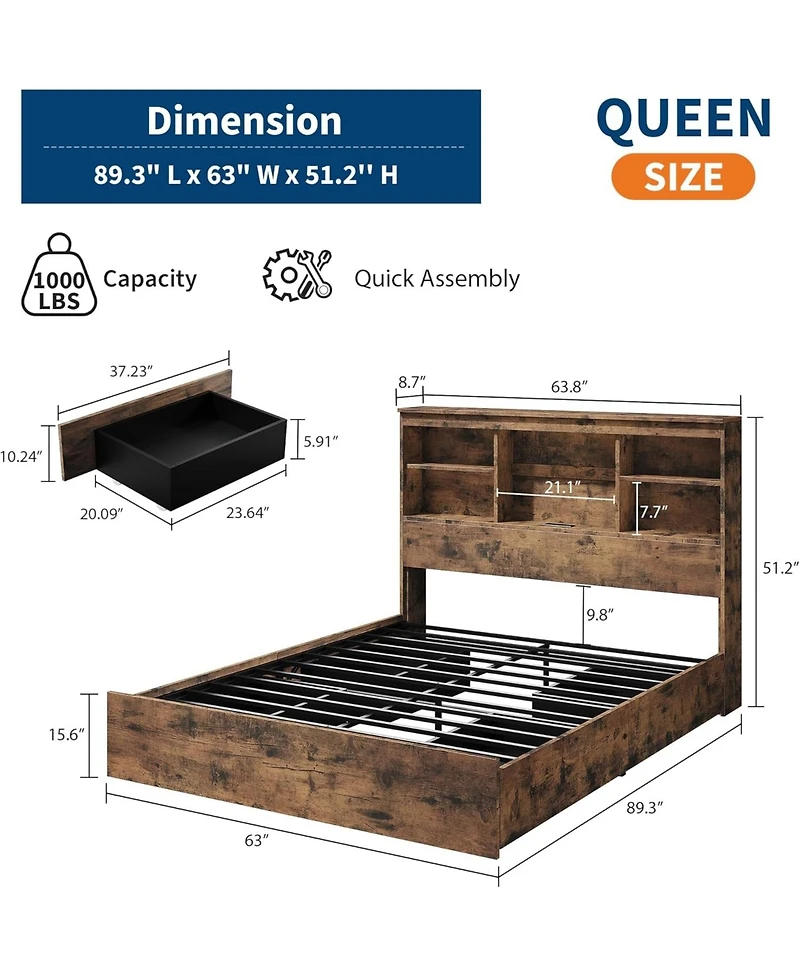 gaomon Queen Bed Frame with Storage Bookcase Headboard & 4 Drawers, Wood Platform Bed with Charging Station, No Box Spring