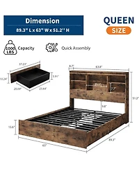 gaomon Queen Bed Frame with Storage Bookcase Headboard & 4 Drawers, Wood Platform Bed with Charging Station, No Box Spring