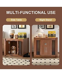 Aostirmotor Walnut Luxury Dog Crate Side Table with Storage Ottoman and Removable Cushion