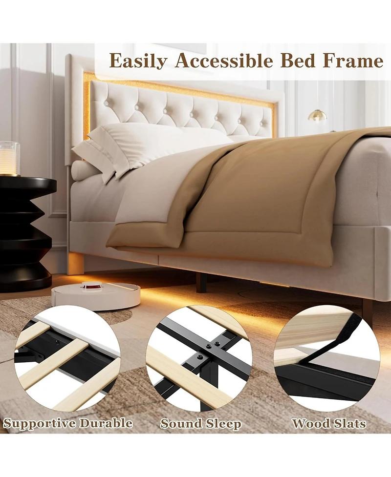 gaomon Queen Floating Bed Frame with Led Lights, Upholstered Diamond Headboard, Wood Slats Support