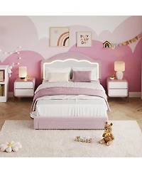 gaomon Kids Bed Frame with Led Headboard, Sherpa Upholstered Platform Bed with Storage Drawer, Wooden Slats, Easy Assembly