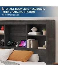 gaomon King Bed Frame with Storage Bookcase Headboard & 4 Drawers, Wood Platform Bed with Charging Station,No Box Spring, Ink